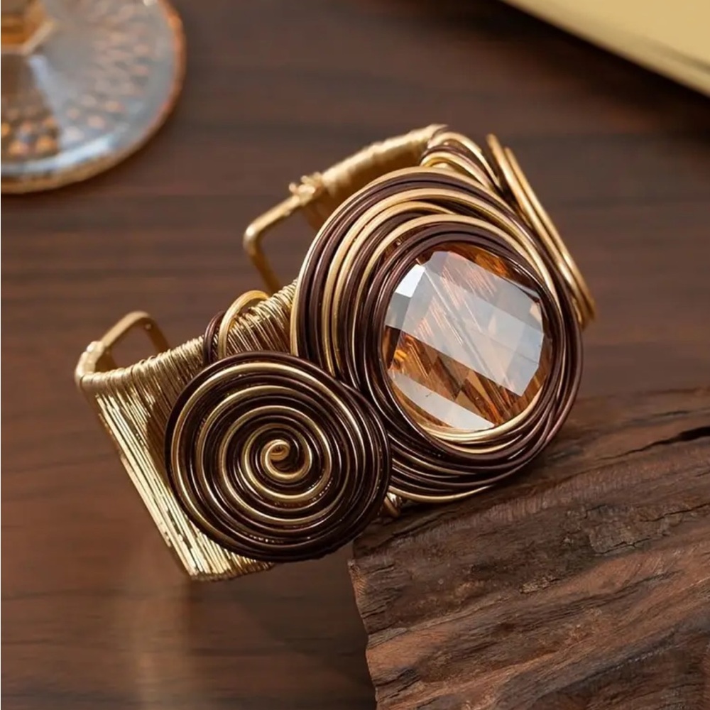 Copper Cuff Zirconia Stone, Wire-Wrapped, Handcrafted, Adjustable Open Design
